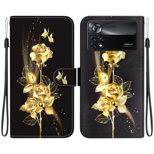 

For Xiaomi Poco X4 Pro 5G Crystal Texture Colored Drawing Leather Phone Case(Gold Butterfly Rose)