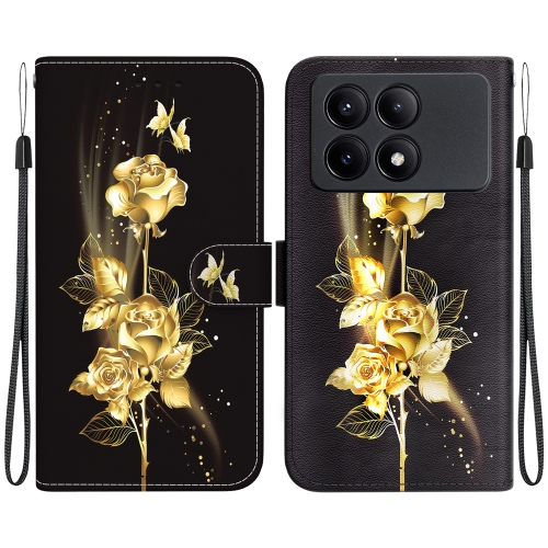 

For Xiaomi Redmi K70E / Poco X6 Pro Crystal Texture Colored Drawing Leather Phone Case(Gold Butterfly Rose)