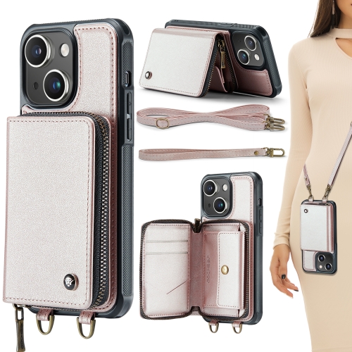 

For iPhone 15 JEEHOOD C22 Series Zipper Wallet Leather Phone Case with Dual Lanyard(Rose Gold)
