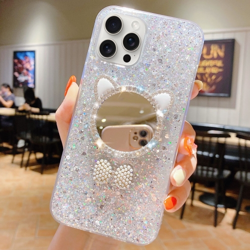 

For iPhone 15 Pro Starry Sequin Diamond Cat Ears Mirror Epoxy TPU Phone Case(Silver)