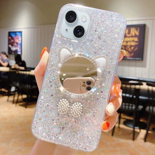

For iPhone 14 Plus Starry Sequin Diamond Cat Ears Mirror Epoxy TPU Phone Case(Silver)