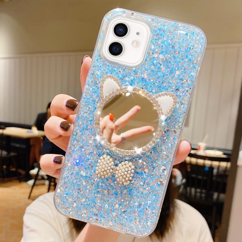 

For iPhone 12 mini Starry Sequin Diamond Cat Ears Mirror Epoxy TPU Phone Case(Blue)
