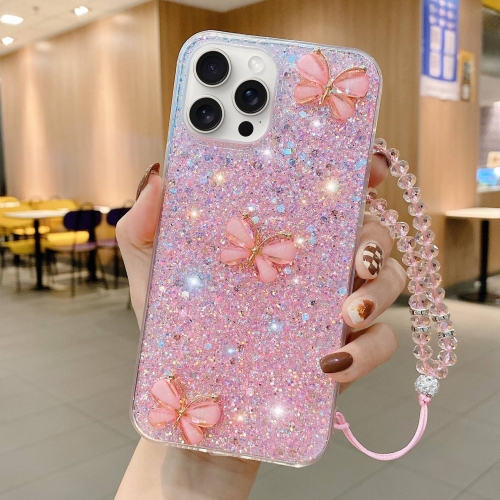 

For iPhone 15 Pro Starry Sequin Jade Butterfly Epoxy TPU Phone Case with Strap(Pink)