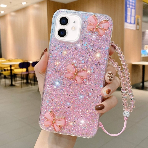 

For iPhone 12 Starry Sequin Jade Butterfly Epoxy TPU Phone Case with Strap(Pink)