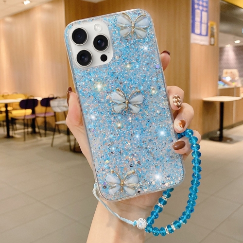 

For iPhone 12 Pro Starry Sequin Jade Butterfly Epoxy TPU Phone Case with Strap(Blue)