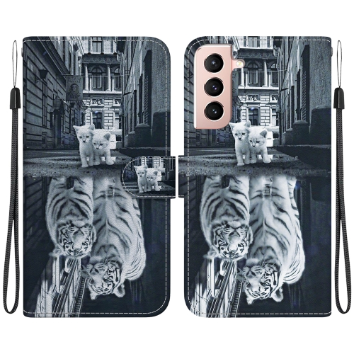 

For Samsung Galaxy S21 5G Crystal Texture Colored Drawing Leather Phone Case(Cat Tiger Reflection)