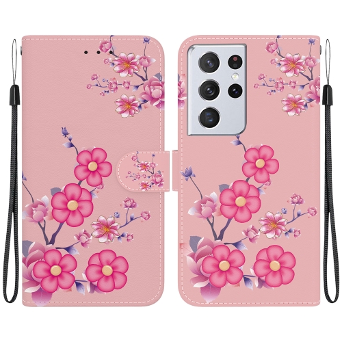 

For Samsung Galaxy S21 Ultra 5G Crystal Texture Colored Drawing Leather Phone Case(Cherry Blossoms)