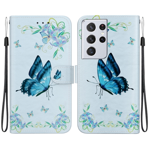 

For Samsung Galaxy S21 Ultra 5G Crystal Texture Colored Drawing Leather Phone Case(Blue Pansies)