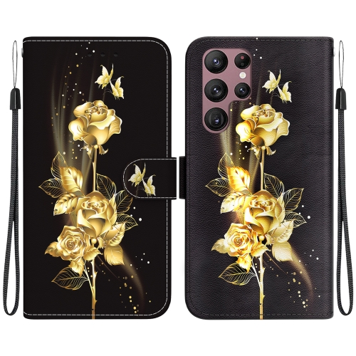 

For Samsung Galaxy S22 Ultra 5G Crystal Texture Colored Drawing Leather Phone Case(Gold Butterfly Rose)