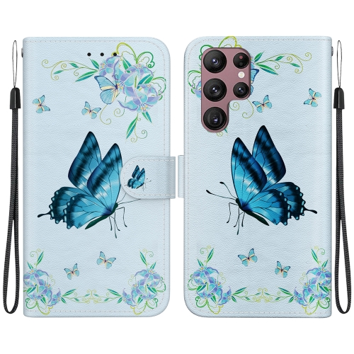 

For Samsung Galaxy S22 Ultra 5G Crystal Texture Colored Drawing Leather Phone Case(Blue Pansies)