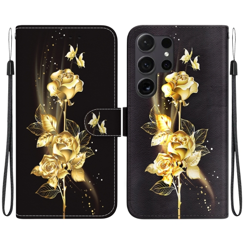 

For Samsung Galaxy S24 Ultra 5G Crystal Texture Colored Drawing Leather Phone Case(Gold Butterfly Rose)
