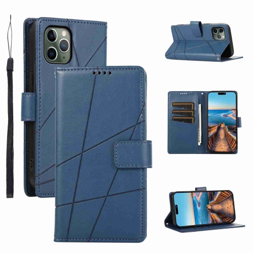 

For iPhone 11 Pro Max PU Genuine Leather Texture Embossed Line Phone Case(Blue)