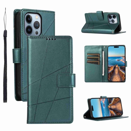 

For iPhone 13 Pro Max PU Genuine Leather Texture Embossed Line Phone Case(Green)
