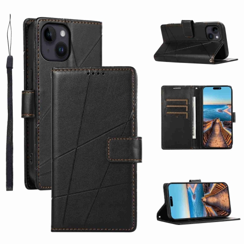 

For iPhone 14 Plus PU Genuine Leather Texture Embossed Line Phone Case(Black)