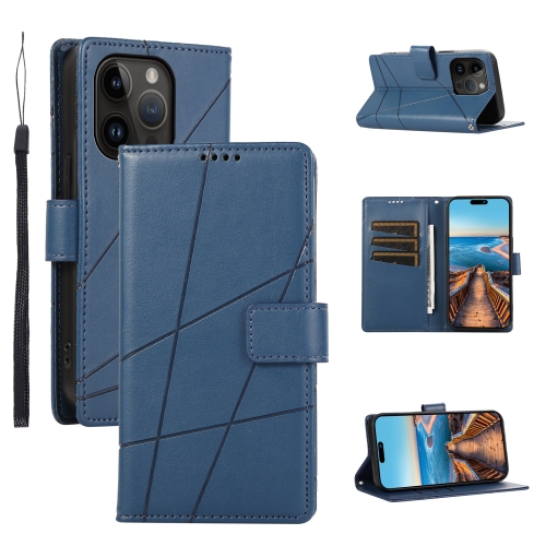 

For iPhone 14 Pro Max PU Genuine Leather Texture Embossed Line Phone Case(Blue)