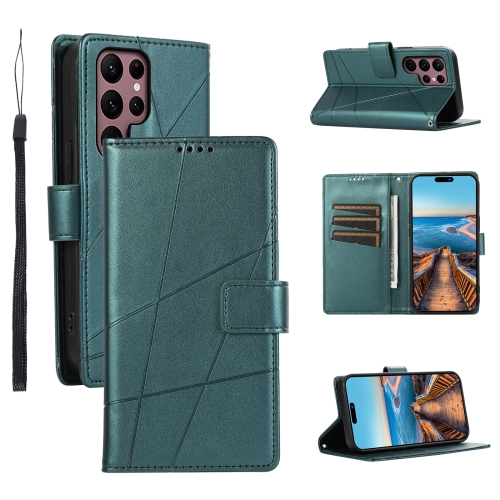 

For Samsung Galaxy S22 Ultra 5G PU Genuine Leather Texture Embossed Line Phone Case(Green)