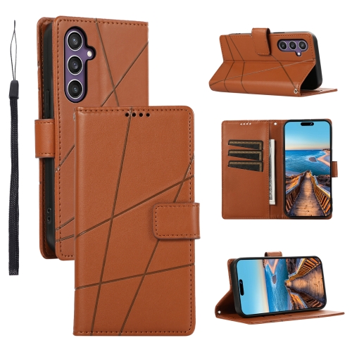 

For Samsung Galaxy S23 FE 5G PU Genuine Leather Texture Embossed Line Phone Case(Brown)
