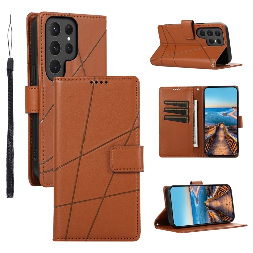 

For Samsung Galaxy S24 Ultra 5G PU Genuine Leather Texture Embossed Line Phone Case(Brown)