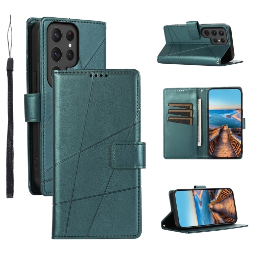 

For Samsung Galaxy S24 Ultra 5G PU Genuine Leather Texture Embossed Line Phone Case(Green)