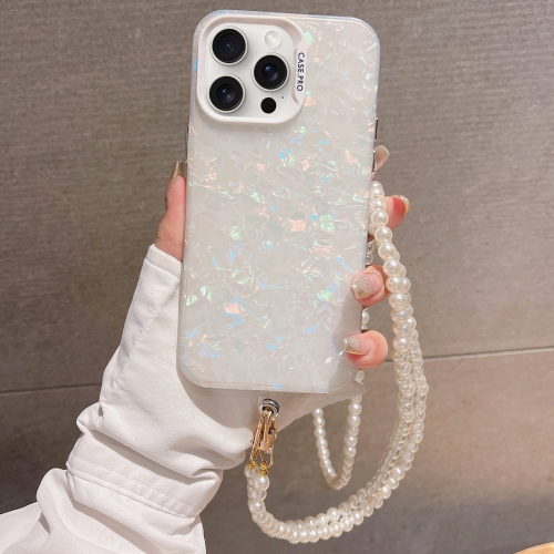 

For iPhone 15 Pro Shell Texture Crossbody Pearl Chain TPU Hybrid Acrylic Phone Case(White)