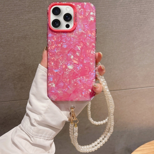 

For iPhone 15 Pro Shell Texture Crossbody Pearl Chain TPU Hybrid Acrylic Phone Case(Rose Red)