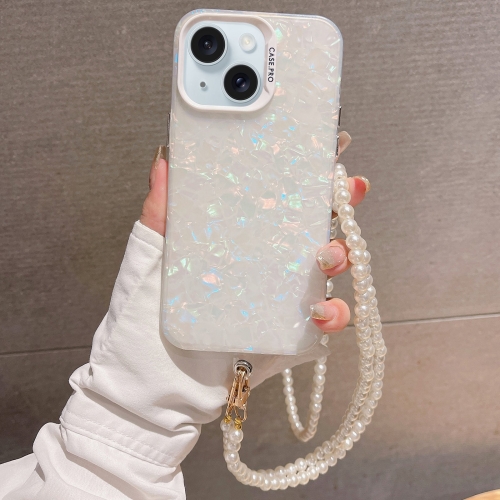 

For iPhone 14 Plus Shell Texture Crossbody Pearl Chain TPU Hybrid Acrylic Phone Case(White)