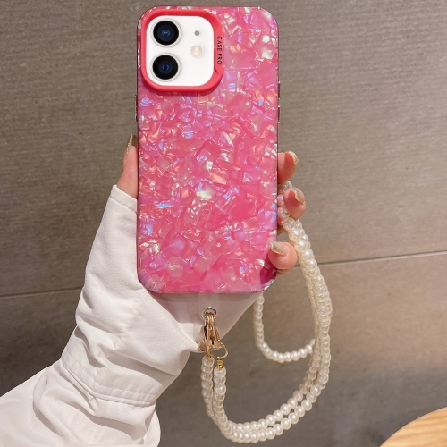 

For iPhone 12 Shell Texture Crossbody Pearl Chain TPU Hybrid Acrylic Phone Case(Rose Red)