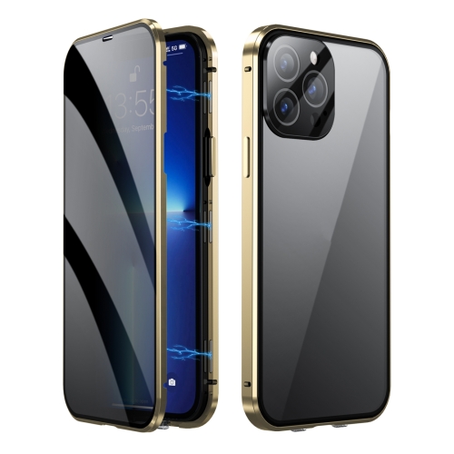 

For iPhone 15 Pro Max Dual-Lock Anti-peeping Glass 360 Full Body Frosted Magnetic Phone Case(Gold)