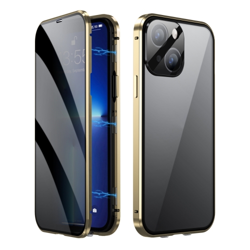 

For iPhone 15 Plus Dual-Lock Anti-peeping Glass 360 Full Body Frosted Magnetic Phone Case(Gold)