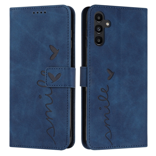 

For Samsung Galaxy A15 Skin Feel Heart Embossed Leather Phone Case with Long Lanyard(Blue)