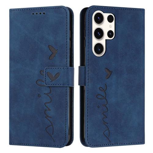 

ForSamsung Galaxy S24 Ultra Skin Feel Heart Embossed Leather Phone Case with Long Lanyard(Blue)