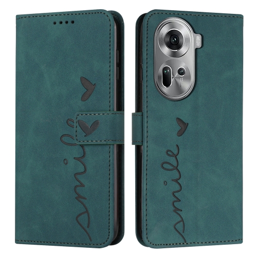 

For OPPO Reno11 5G Global Skin Feel Heart Embossed Leather Phone Case with Long Lanyard(Green)