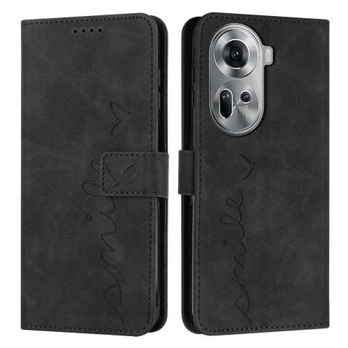 

For OPPO Reno11 5G Global Skin Feel Heart Embossed Leather Phone Case with Long Lanyard(Black)
