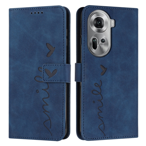 

For OPPO Reno11 5G Global Skin Feel Heart Embossed Leather Phone Case with Long Lanyard(Blue)