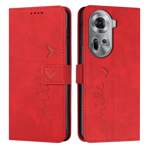 

For OPPO Reno11 5G Global Skin Feel Heart Embossed Leather Phone Case with Long Lanyard(Red)
