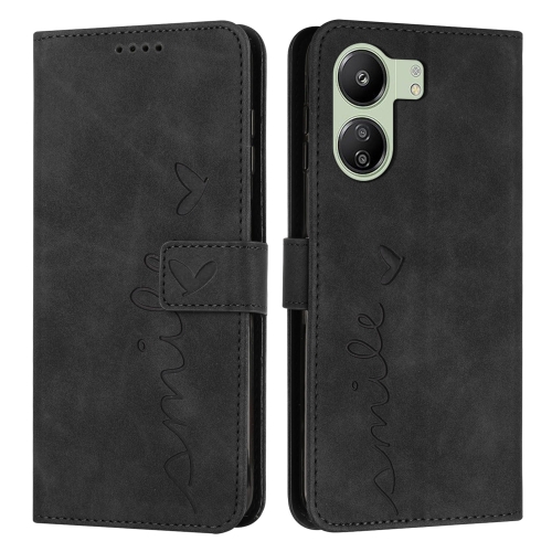 

For Xiaomi Redmi 13C Skin Feel Heart Embossed Leather Phone Case with Long Lanyard(Black)