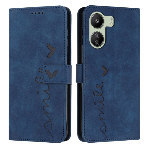 

For Xiaomi Redmi 13C Skin Feel Heart Embossed Leather Phone Case with Long Lanyard(Blue)
