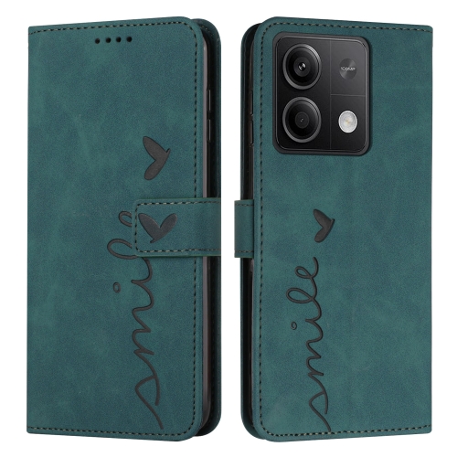 

For Xiaomi Redmi Note 13 Skin Feel Heart Embossed Leather Phone Case with Long Lanyard(Green)