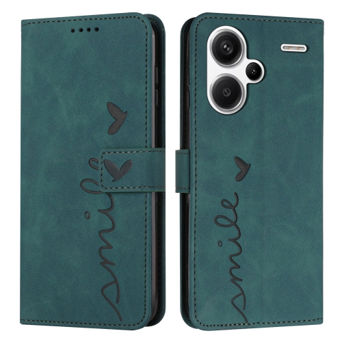 

For Xiaomi Redmi Note 13 Pro+ Skin Feel Heart Embossed Leather Phone Case with Long Lanyard(Green)
