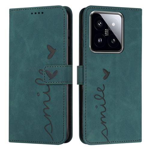 

For Xiaomi 14 Skin Feel Heart Embossed Leather Phone Case with Long Lanyard(Green)