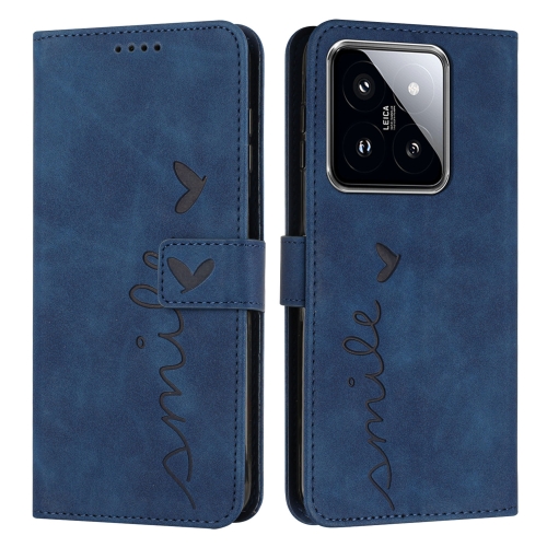 

For Xiaomi 14 Skin Feel Heart Embossed Leather Phone Case with Long Lanyard(Blue)