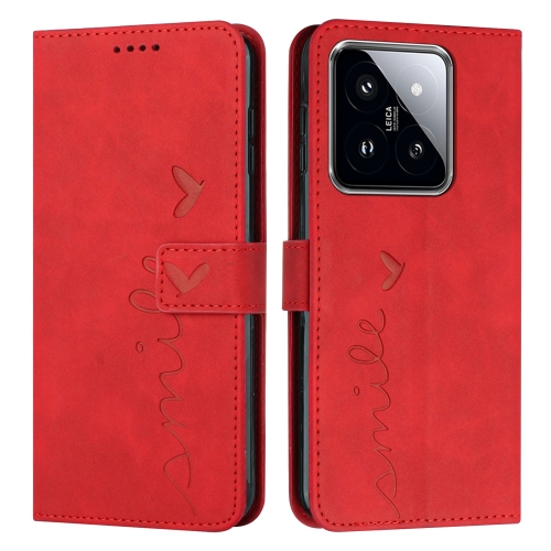 

For Xiaomi 14 Pro Skin Feel Heart Embossed Leather Phone Case with Long Lanyard(Red)