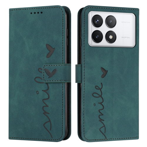 

For Xiaomi Redmi K70E Skin Feel Heart Embossed Leather Phone Case with Long Lanyard(Green)