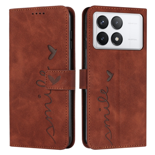

For Xiaomi Redmi K70 / K70 Pro Skin Feel Heart Embossed Leather Phone Case with Long Lanyard(Brown)