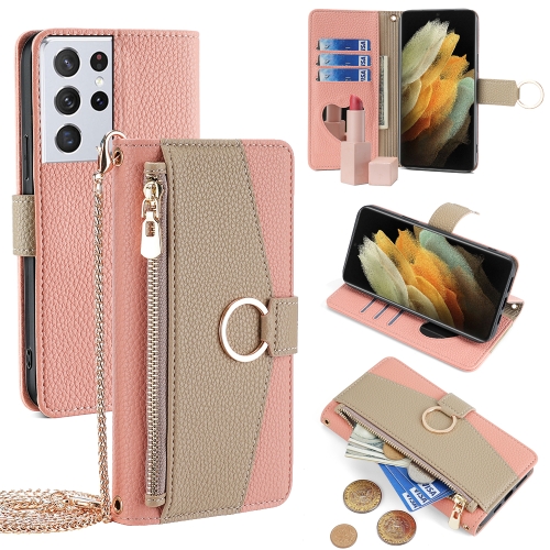 

For Samsung Galaxy S21 Ultra 5G Crossbody Litchi Texture Leather Phone Case(Pink)