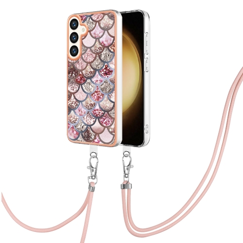 

For Samsung Galaxy S24 5G Electroplating Pattern IMD TPU Shockproof Case with Neck Lanyard(Pink Scales)