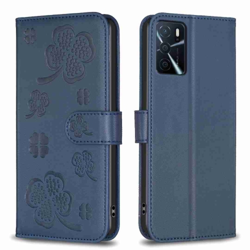 

For OPPO A16 / A16s / A54s Four-leaf Embossed Leather Phone Case(Blue)