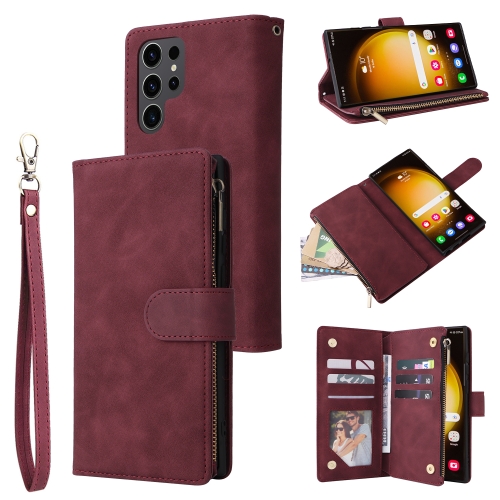 

For Samsung Galaxy S24 Ultra 5G Multifunctional Frosted Zipper Wallet Leather Phone Case(Wine Red)