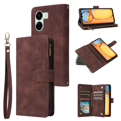 

For Xiaomi Redmi 13C 4G Global Multifunctional Frosted Zipper Wallet Leather Phone Case(Coffee)