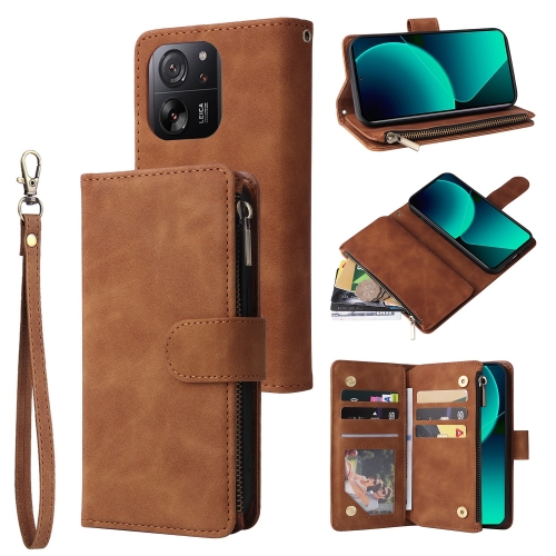 

For Xiaomi 13T / 13T Pro Multifunctional Frosted Zipper Wallet Leather Phone Case(Brown)